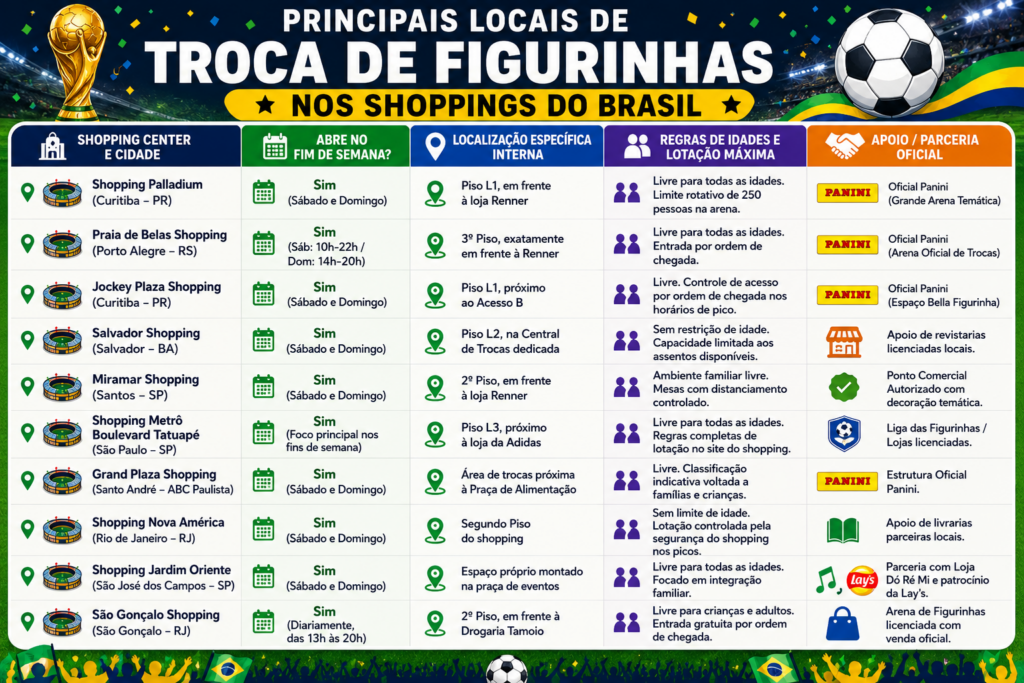 quadro com Alguns locais para troca de Cromos da Copa do Mundo de 2026