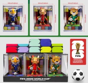 Mascotes da Copa do Mundo de Futebol de 2026 em minituras.