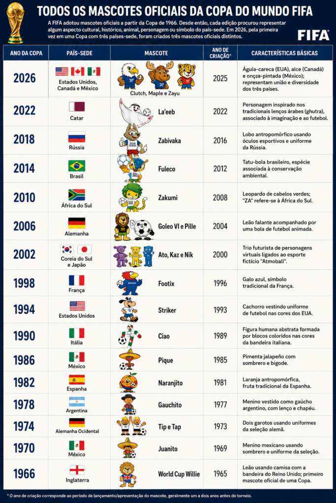 Quadro com todos os mascotes criados para as Copas do Mundo de Futebol até 2026.