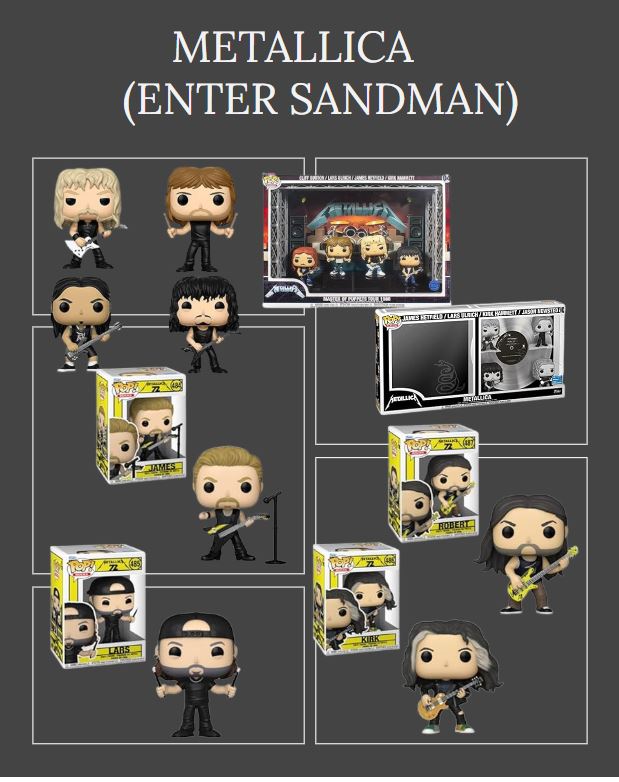 Imagem com vários bonecos Funko Pop representando a banda Metallica de Heavy Metal. Link